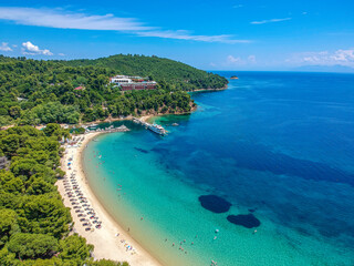 Aerial view over Koukounaries beach in Skiathos island, Sporades, Magnesia, Greece