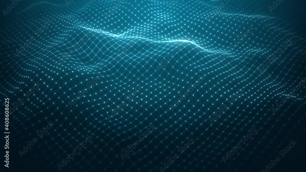 Poster abstract glowing mesh waving fx with lens background loop/ 4k animation of an abstract fractal backg