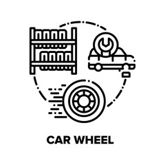 Obraz premium Car Wheel Tire Vector Icon Concept. Automobile Wheel Repair Service And Store Warehouse. Transport Detail Changing, Protector Examining And Fixing In Servicing Garage Black Illustration