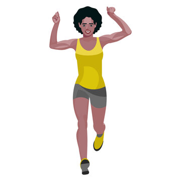 Figure Of A Running Black Woman In Summer Sportswear With Her Hands Raised In Victory At The Finish Line