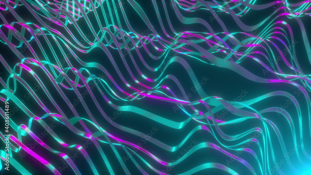 Poster computer generated wavy neon lines. 3d rendering stripes backdrop with gradient light
