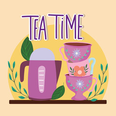 Tea time teapot and stack of cups decorative flowers and herbs