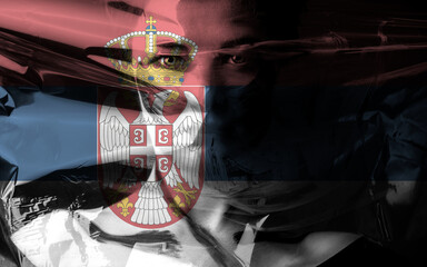 Naklejka premium Girl in plastic bag and Serbia flag