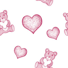 Vector seamless pink background for Valentine's day. hearts and teddy bear in strokes.