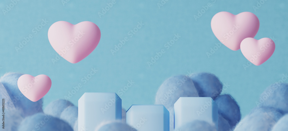 Poster minimal mockup background for product presentation. blue podium with cloud on blue background. clipp