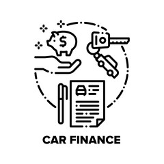Car Finance Vector Icon Concept. Car Buying Dealer Agreement And Insurance Documents, Customer Save Money For Buy Automobile Or Calculating Cost And Expense Of Driving Black Illustration