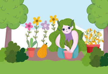 Gardening, girl working in garden or farm with plants and pumpkin