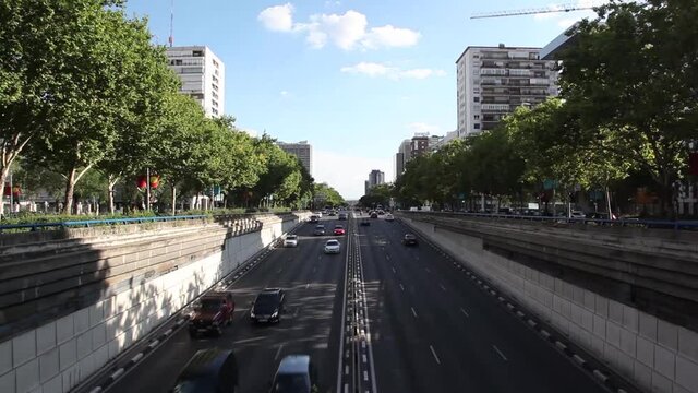 Avenue of Paseo de la Castellana, one of the most important highways in the city of Madrid, Spain, Europe, near the Stadium Santiago Bernabeu of Real Madrid.