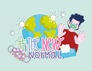 new normal lifestyle, man with mask disinfectant alcohol spray and planet cartoon style