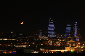 Baku city. Azerbaijan. 2020 year. Beautiful sunset of the moon..