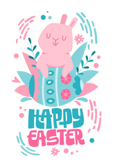 Cute Easter bunny rabbit with lettering phrase - Happy Easter.