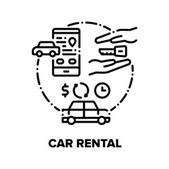 Car Rental Service Company Vector Icon Concept. Vehicle Business For Rent Automobile And Travel, Phone Application For Remote Rental Transport And Dealership Information Black Illustration