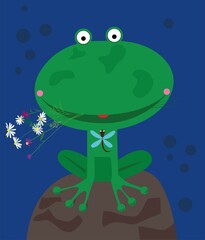 Frog with flowers on a background of water
