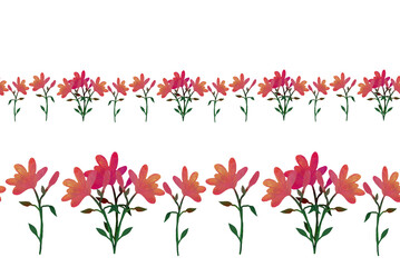 seamless border with yellow and red fuchsia flowers, an ornament with a repeating composition of one, two and three flowers, isolated on a white background, hand-drawn. Stock illustration