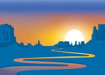 Obraz premium Vector landscape with desert valley, mountains and winding river at sunrise or sunset. Decorative background on the theme of the Wild West nature. Western scenery illustration