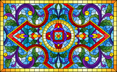 Illustration in stained glass style with abstract flowers, leaves and curls on a blue background, rectangular horizontal image