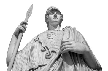 Obraz premium Ancient Greek Roman statue of goddess Athena god of wisdom and the arts historical sculpture isolated on white. Marble woman in helmet sculpture