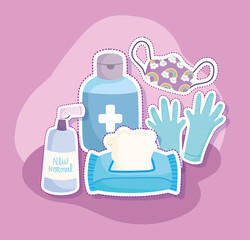 new normal lifestyle, disinfectant kit tissue paper gloves mask and disinfectant spray cartoon style