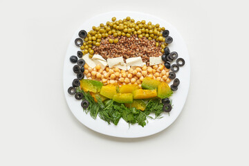 Food bowl with chickpeaks. Health dinner. Vegetarian cooking cuisine. Cafe organic meal. Fresh lunch with pumpkin and feta cheese. Detox spicy. Above view. Flatlay