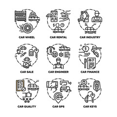 Car Vehicle Set Icons Vector Black Illustrations. Car Wheel And Keys, Transport Industry Engineer Build Construction Quality, Sale Rental Service Finance For Buy And Gps Equipment Black Illustrations