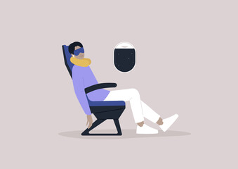 A very relaxed male character sleeping onboard, travel concept, a neck pillow and a mask for comfortable rest during the flight