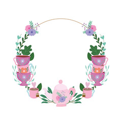 Tea time, floral wreath cups decoration flowers and leaves