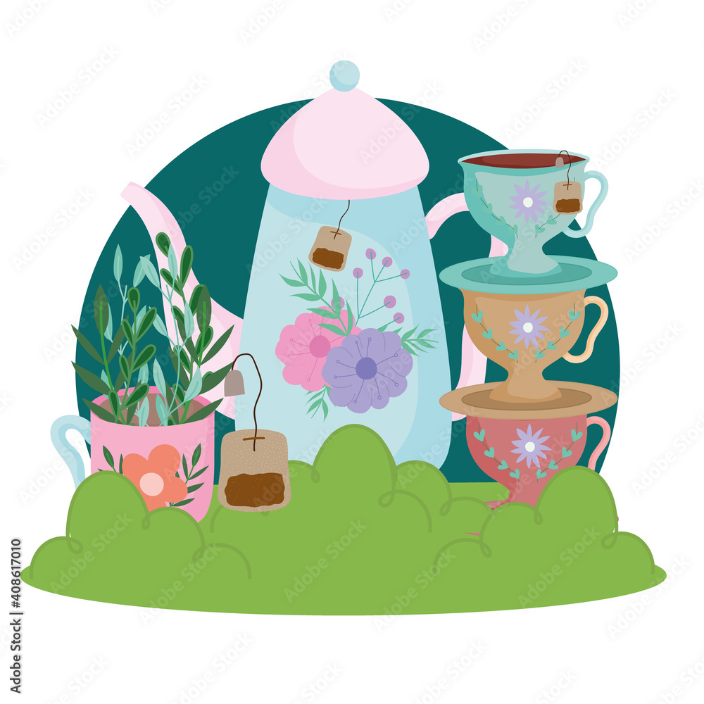 Sticker Tea time cute kettle cups dishes teabag flowers and leaves nature