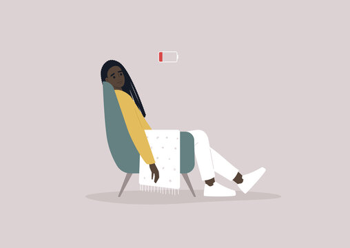 A young female Black exhausted character sitting in a chair with a low battery indicator above