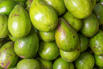 Fresh avocados on traditional market as background