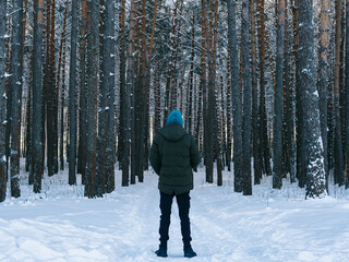 Naklejka premium Photo from back of man for walk in winter forest. Russian landscapes, freedom
