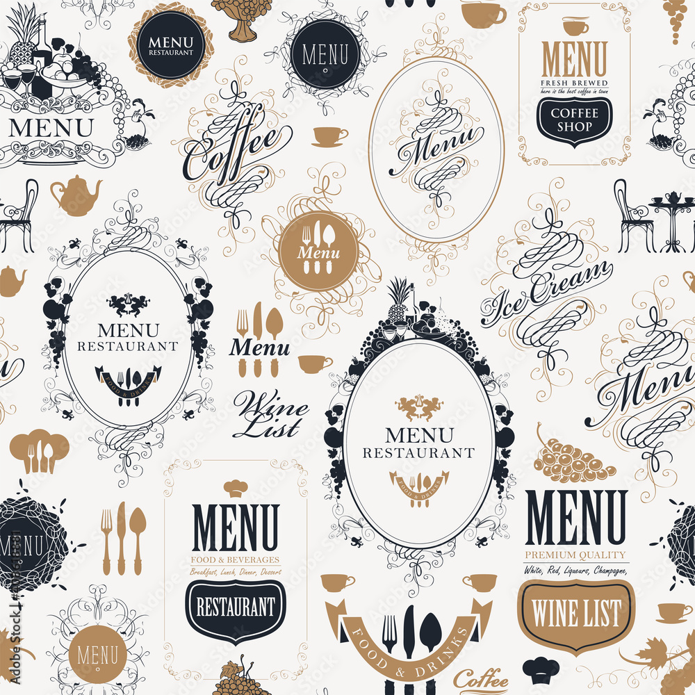 Poster seamless pattern on the theme of restaurant or cafe menu in retro style. repeating vector background