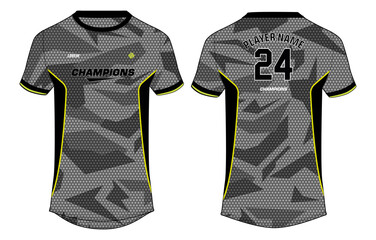 Camouflage Sports t-shirt jersey design concept vector template, sports jersey concept with front and back view for Soccer, Cricket, Football, Volleyball, Rugby, tennis, badminton and e sports uniform © JERZEY DESINZ