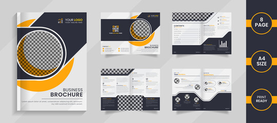 Modern 8 page  corporate brochure template design with black and yellow shapes on a simple white mockup.