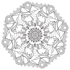 Mandala coloring page for children and adults animals: a camel in the desert with mountains, sun and pyramids in the background