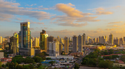 Fototapeta premium Panama City and its financial business district skyline at sunrise, Panama.