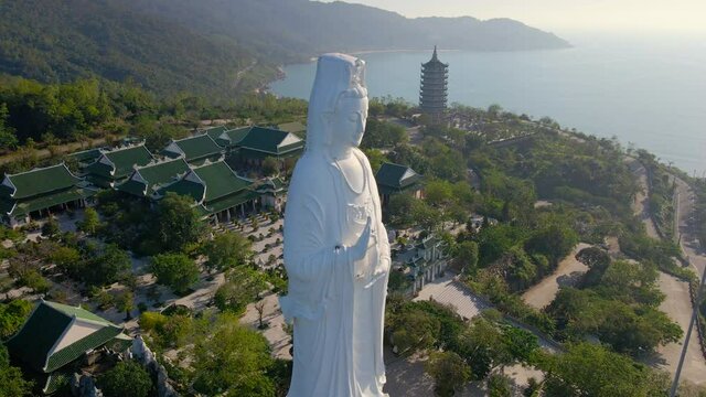 Aerial shot of the so-called Lady Buddha in the city of Danang. Tourist destination in central Vietnam. Travel to Vietnam concept