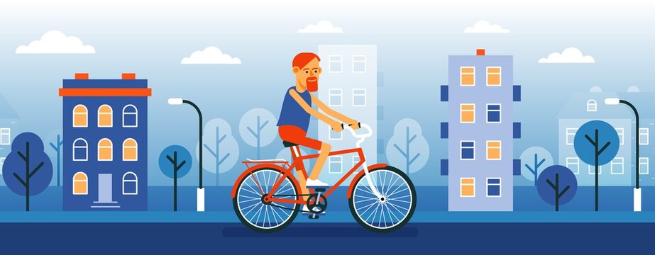 Man cyclist on the cityscape background. Hipster on a bike. Vector cartoon illustration.