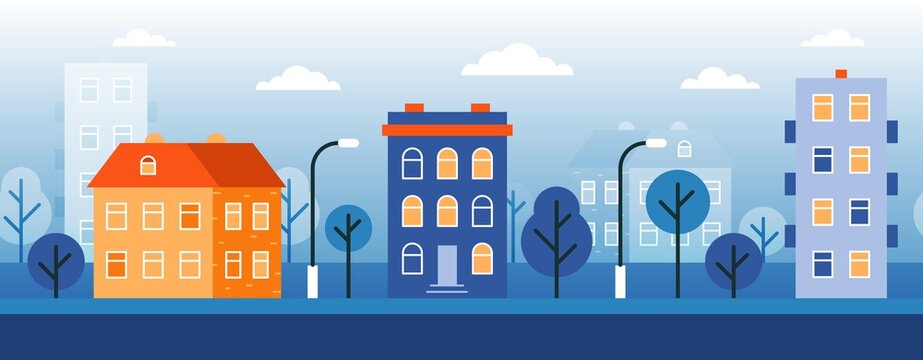 City landscape. Street with houses in the city. Vector flat illustration.