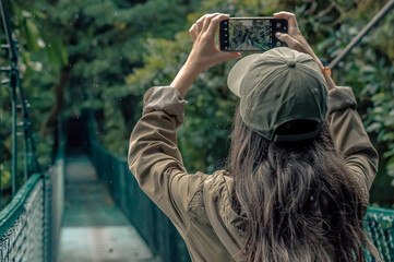 Woman taking a photo in the jungle on a bridge