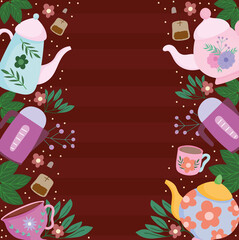 Tea time, teapots cups with flower leaves natural brown background