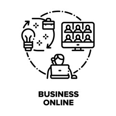 Business Online Vector Icon Concept. Online Video Call With Colleagues And Briefing, Digital Conference Meeting With Partners And Discussion Company Idea And Strategy Black Illustration