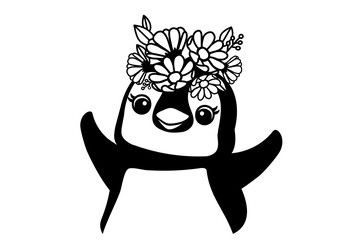 Cute Penguin and Flower. Happy Funny Cartoon for Sticker, Tattoo, T shirt design and invitation card background illustration