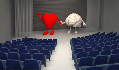 empty theatre with big heart and human brain on stage