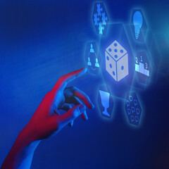 motivation games in business and education, gamification and gaming technology illustration in neon style, hand touching dice icon, square banner