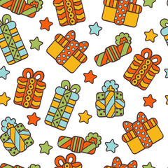 Seamless pattern with gifts and stars on a white background