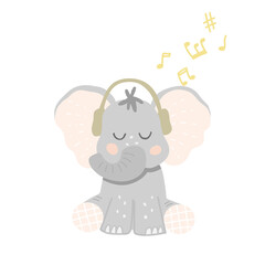 Cute baby elephant in headphones listens to music. Little music lover. Vector illustration in cartoon style