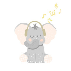 Cute baby elephant in headphones listens to music. Little music lover. Vector illustration in cartoon style