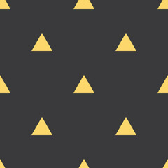 Gold triangles at black background. Geometric seamless pattern. JPEG image.