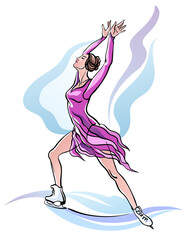 Vector illustration of young graceful figure skating girl, making pirouette, sliding on ice during winter sports competitions, gala or ballet on ice. © NATALYA