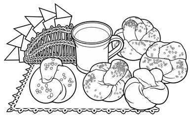 Buns, milk, napkins hand drawn vector doodle illustration